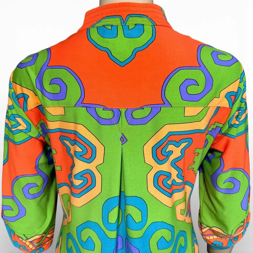 Donna Morgan Womens Tunic Shift Dress Retro Geo Print Pullover Green Orange Sz 6